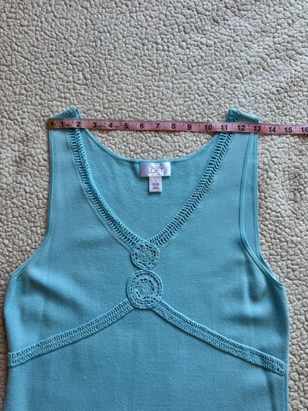 Ann Taylor LOFT Blue Sweater Tank Crochet Medallion Knit Top Large - Picture 5 of 7